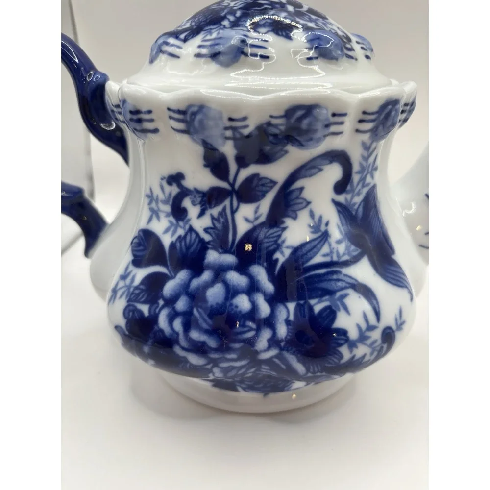 Tea Pot Scalloped Rim Flowered Porcelain, Cobalt Blue And White Cottage Granny